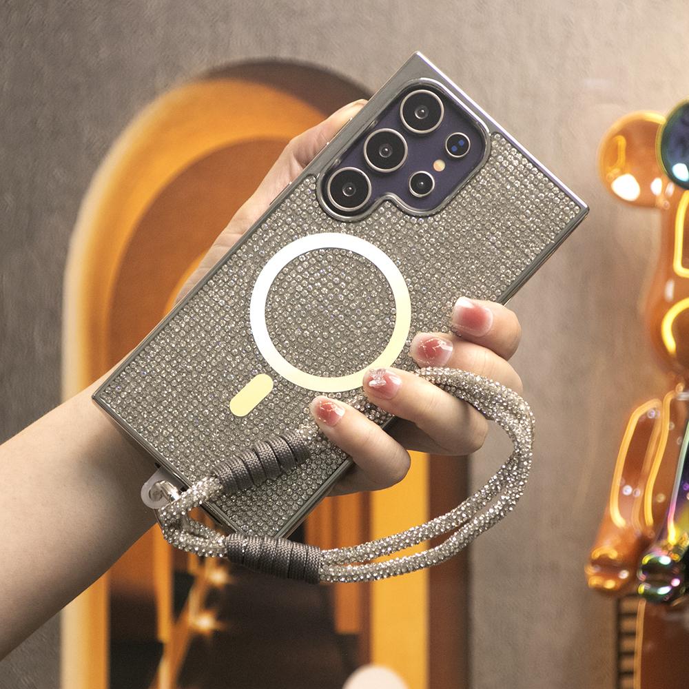 Colorful Glitter Rhinestone Plating Diamonds Strong Magnetic Wireless Charging Phone Case with Woven Diamond Wristband For Samsung S25Ultra S25 S24 S23 Shockproof Protection Hard Cover