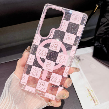 Cute Cartoon Moon Cat Magnetic Phone Case for Samsung S25 S24 S23 Ultra FE Plus Glitter Back Cover for Women Girls with Magnetic Stand