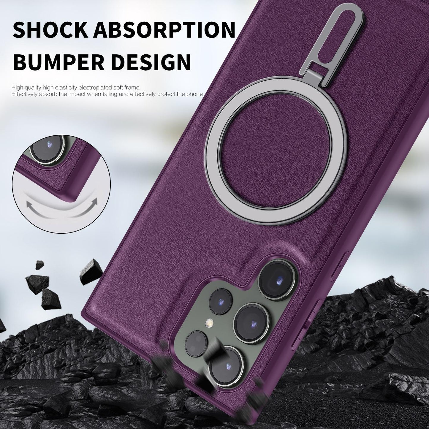 Luxury Full Leather Glossy Kickstand Phone Case For Magsafe For Samsung S25Ultra S25+ S25 S24FE S24 Ultra S23 S22 Ultra Plus Metal Ring Magnetic Metal Holder Shockproof Stand Back Cover