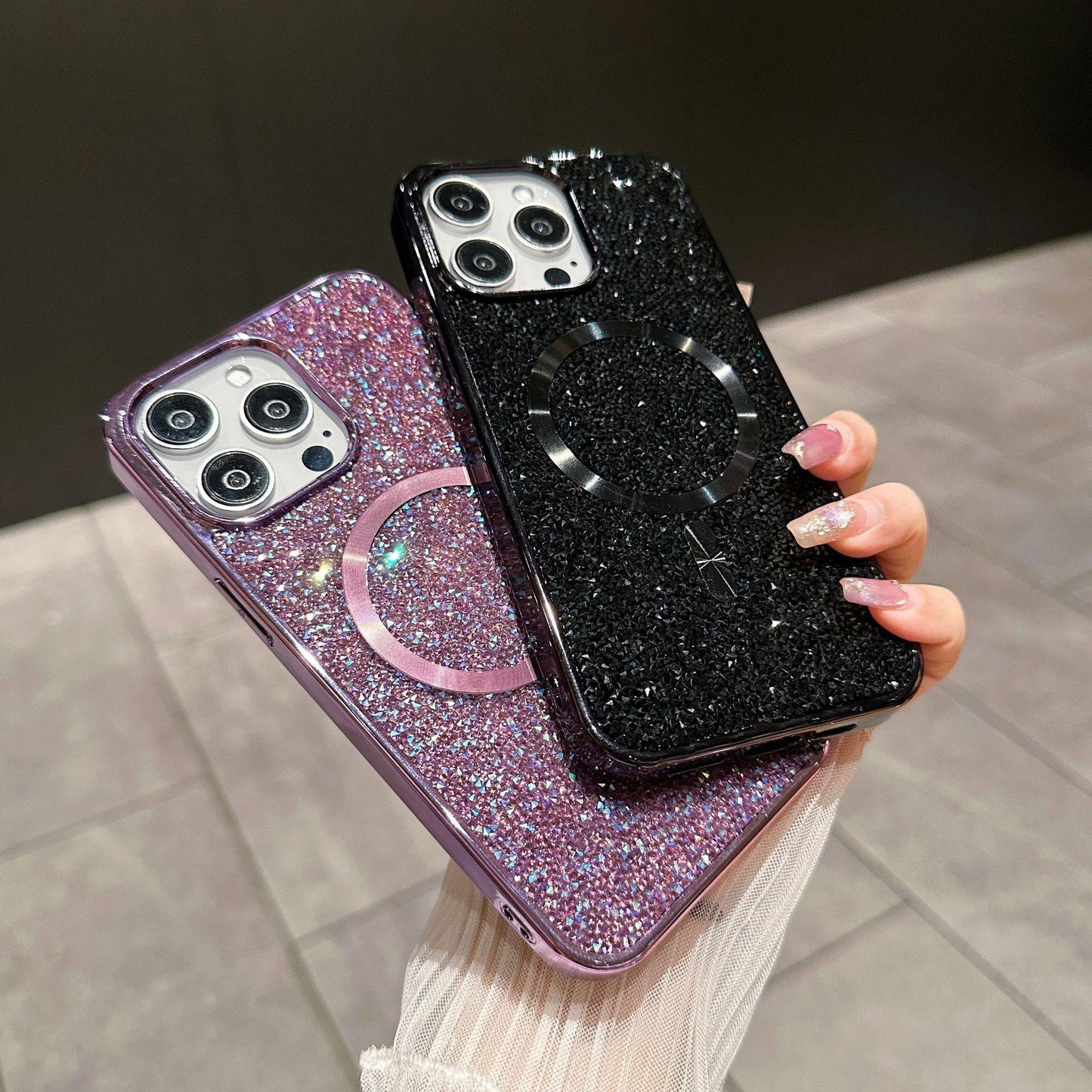 Luxury Rhinestone Glitter Plating Slim PC Strong Magnetic Phone Case For iPhone 16ProMax 15 14 13 Hard Support Wireless Charging Full Cover