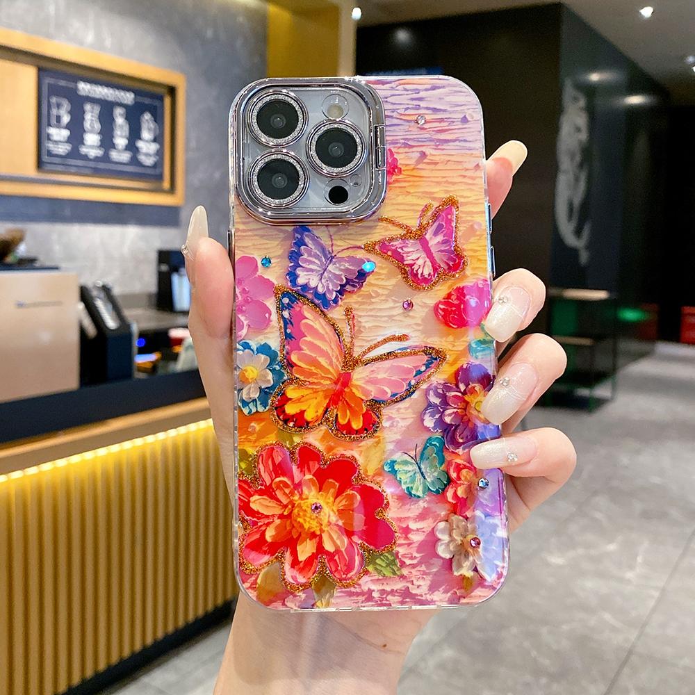 For iPhone 16ProMax 16 15 14 13 12 11 Phone Case with Diamond Camera Kickstand, Rainbow Flower Rose Butterfly, Oil Painting Camera Frame Anti-drop Hard Shockproof Full Cover
