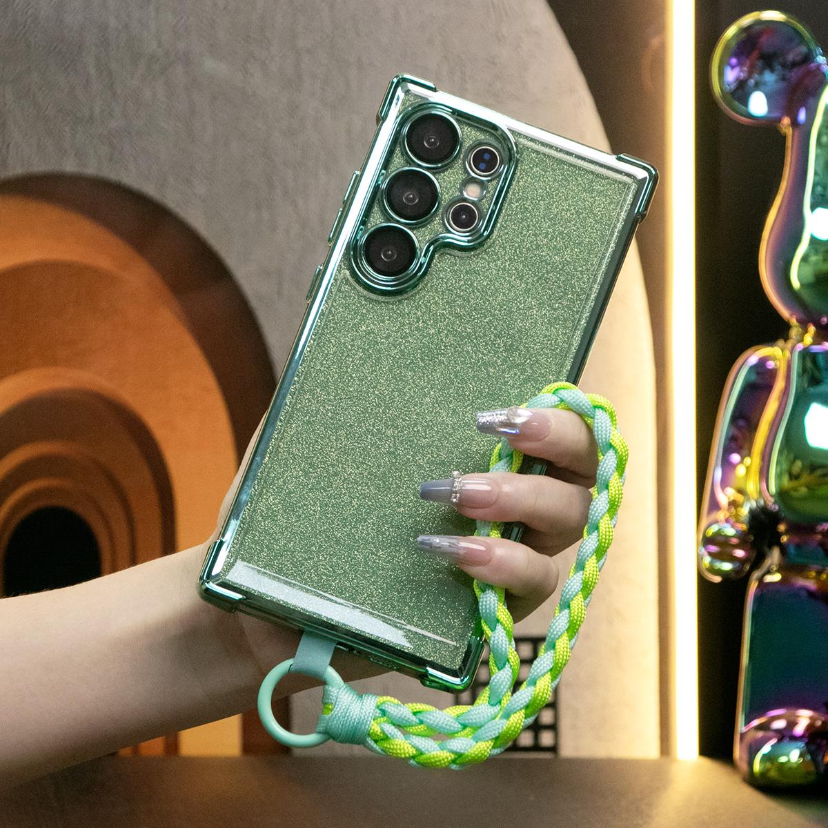 Luxury Glitter Plating Four Corners Shockproof Clear Case With Woven Wristband For Samsung S25 S24 S23 S22 S21 Note20 Transparent Hard Acrylic Hybrid Bumper Armor Cover