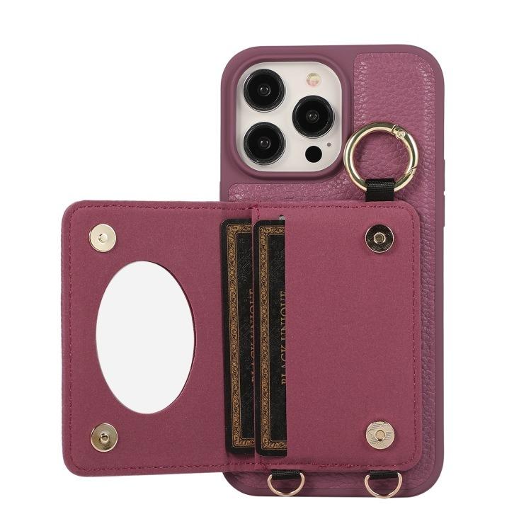 For iPhone 16ProMax 16 15 14 13 12 11 Leather Phone Case with Double Folding Wallet Lanyard, Anti-Fall Card Slot Mirror Ring Kickstand Shockproof Business Hard Full Cover