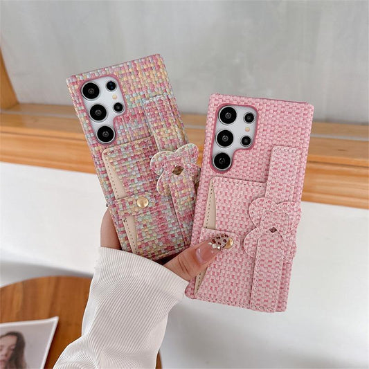 For Samsung S25Ultra S24 S23 S22 Case With Portable Wristband, Gradient Woven Pattern Fabrics Wallet Shockproof Card Slot Hard Full Cover