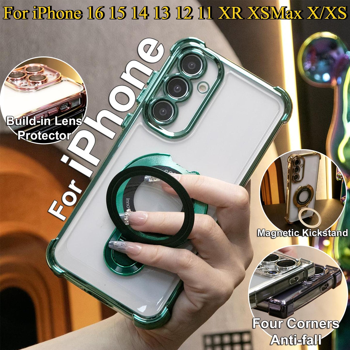 Luxury Plating Four Corners Shockproof Clear Case With Magnetic Stand For iPhone 16 15 14 13 12 11 XR XSMax X/XS Transparent Hard Acrylic Hybrid Bumper Hard Full Cover