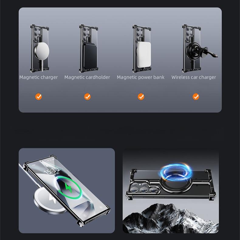 For Samsung S25Ultra S24Ultra S24+ S24 Aluminum π Shape Phone Case with Metal 360 Rotating Kickstand, Anti-Fall for Magsafe Shockproof Frameless Support Wireless Charging Hard Full Cover