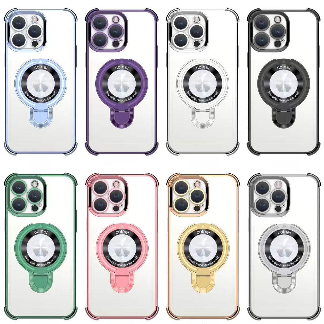 Luxury Plating Four Corners Shockproof Clear Case With Magnetic Stand For iPhone 16 15 14 13 Transparent Hard Acrylic Hybrid Bumper Hard Full Cover