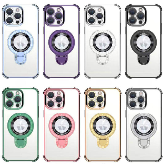 Luxury Plating Four Corners Shockproof Clear Case With Magnetic Stand For iPhone 16 15 14 13 Transparent Hard Acrylic Hybrid Bumper Hard Full Cover