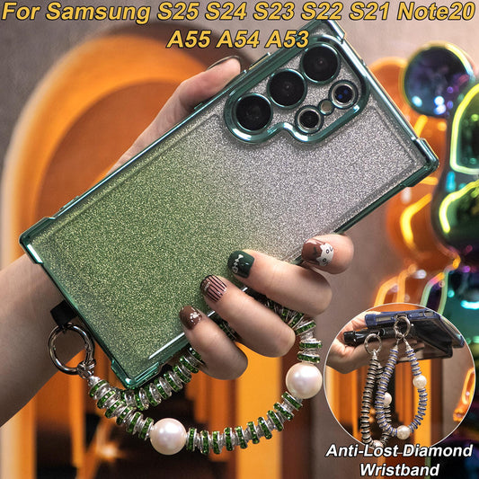 Gradient Plating Four Corners Phone Case with Pearl Diamond Wristband for Samsung S25Ultra S25 S24 S23 S22 S21 Note20 A53 A54 A55 Hard Acrylic Bumper Full Cover