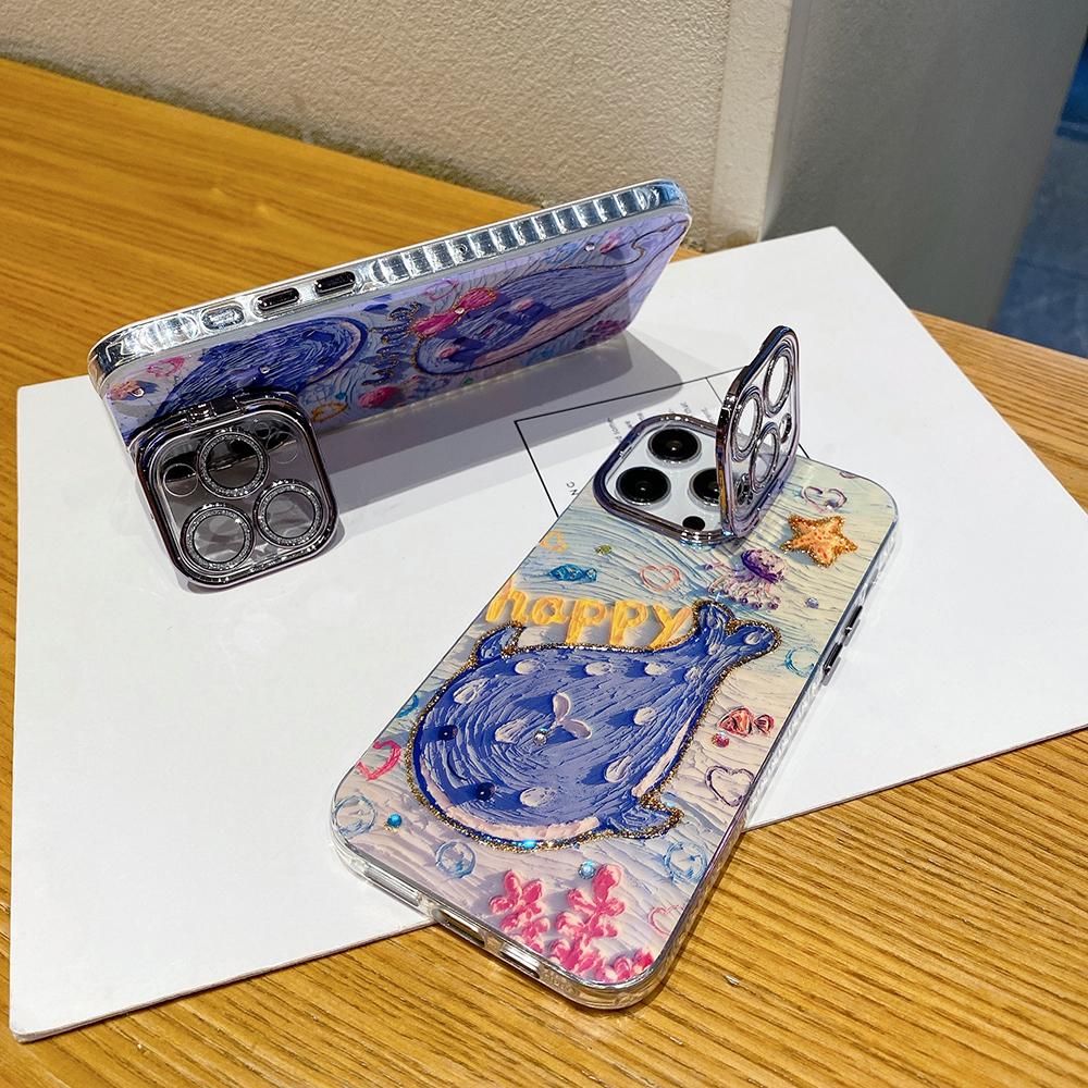 For iPhone 16ProMax 16 15 14 13 12 11 Phone Case with Diamond Camera Kickstand, Dolphin Whale Panda Elephant Snake Animal, Oil Painting Camera Frame Anti-drop Hard Shockproof Full Cover