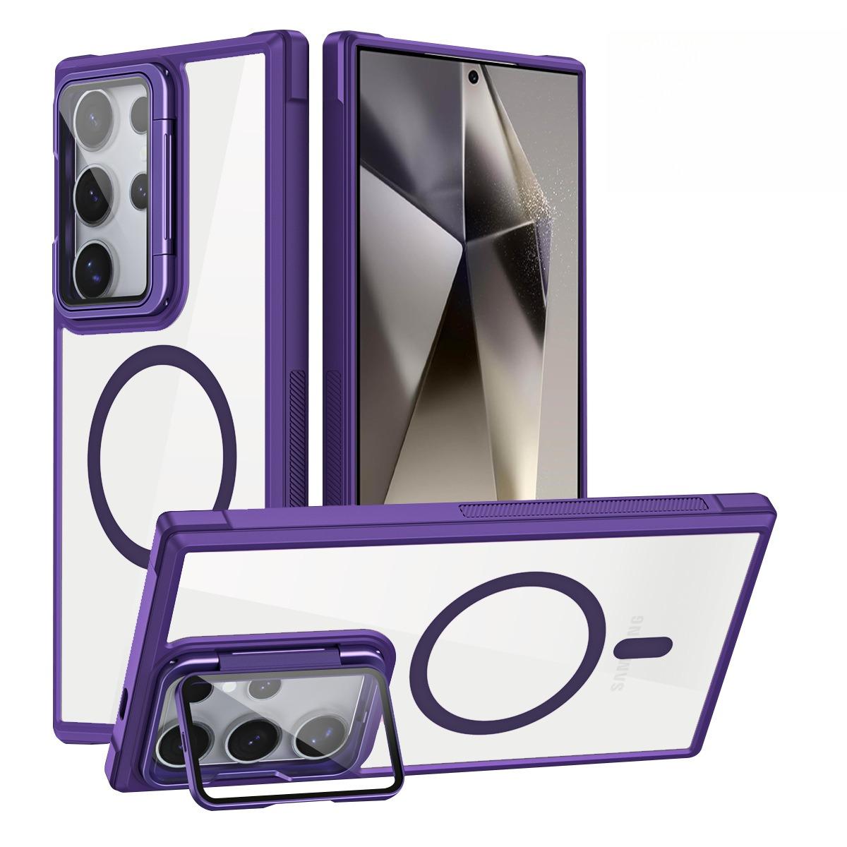 For Samsung S25Ultra S25 S24 S23 S21FE S20FE Strong Magnetic Phone Case, Glass Camera Kickstand Protection, HD Acrylic Four Corner Shockproof Bumper Hand Feel Hard Full Cover