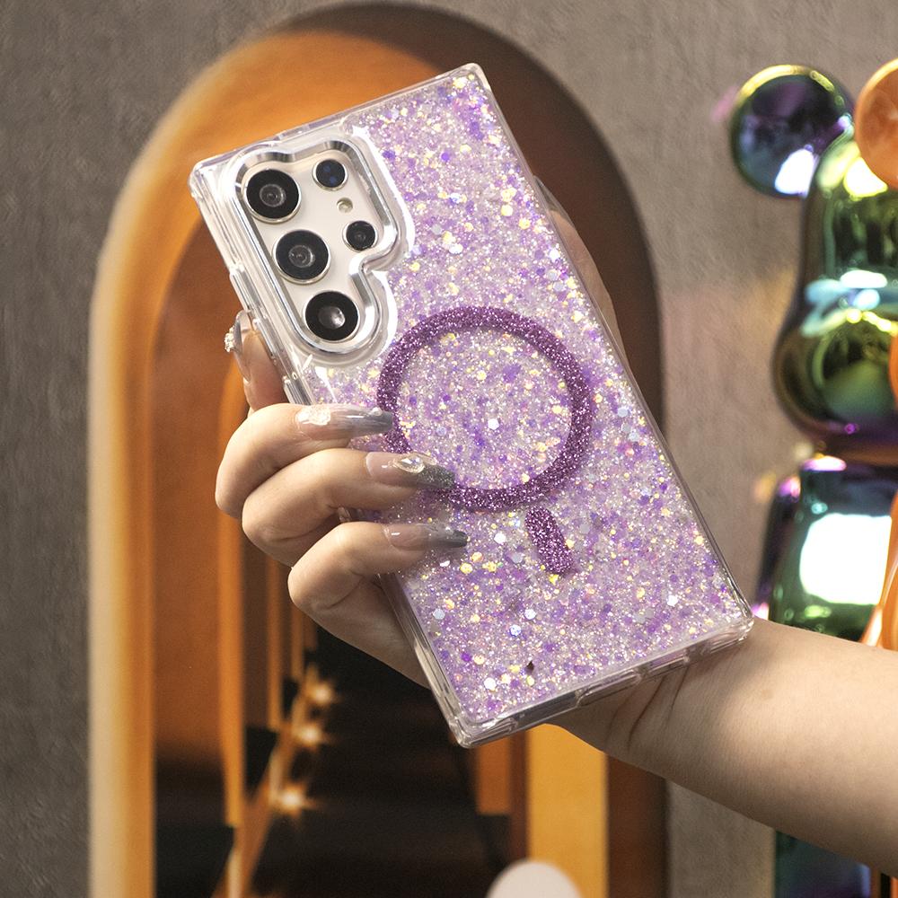 Glitter Glitter Transparent Strong Magnetic For Magsafe Phone Case For Samsung S25Ultra S25+ S25 S24 S23 A14 A15 A16 A24 A25 A34 A35 A54 A55 Metal Frame Shockproof Bumper Acrylic Hard Cover