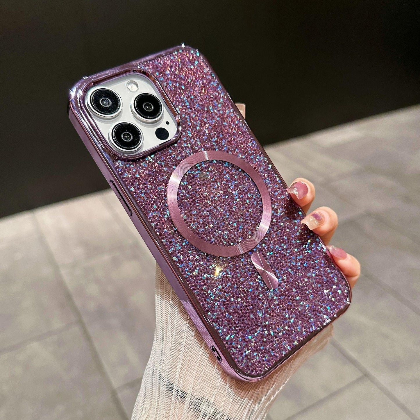 Luxury Rhinestone Glitter Plating Slim PC Strong Magnetic Phone Case For iPhone 16ProMax 15 14 13 Hard Support Wireless Charging Full Cover
