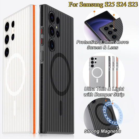 Corrugated Grille Magnetic Hard Polycarbonate Ultra-Thin Light Shockproof Phone Case with Bumper Strip for Samsung S25Ultra S24 S23 Matte Frozen Fog Thin High Transparency Full Cover