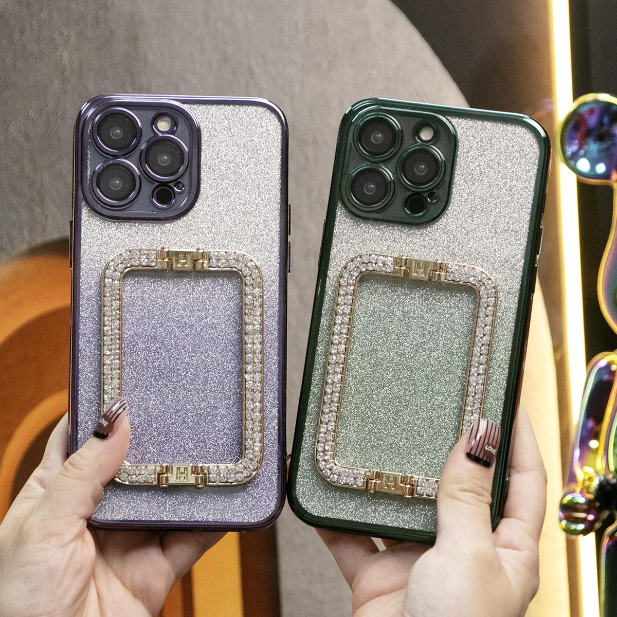 Glitter Transparent Gradient 3D Crystal Square Holder Plating Phone Case For iPhone 16 15 14 13 12 Pro Max Clear Soft TPU Back Cover