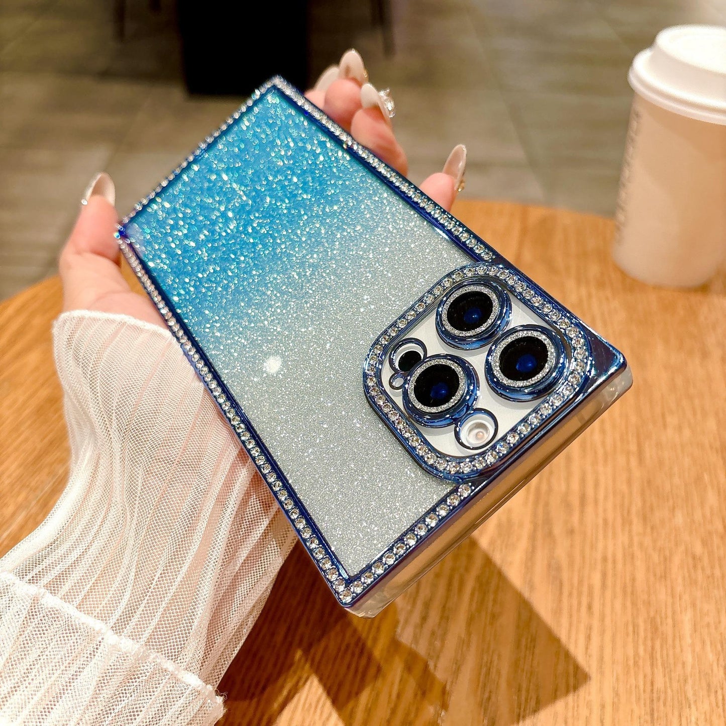 Glitter Rhinestone Clear TPU Square Phone Case with Len Protector For iPhone 16ProMax 15 14 13 Transparent Bumper Shockproof Soft Full Cover