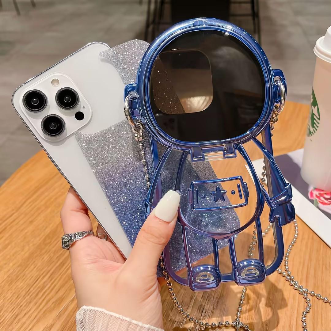 Luxury Glitter  Diagonal Hanging Chain Plating Mirror Astronaut Case For iPhone 16 15 14 13 12 Pro Max Fashion Bracket Square Case Back Cover