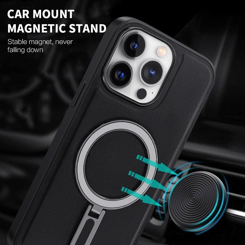 Luxury Full Leather Glossy Kickstand Phone Case For Magsafe For iPhone 16ProMax 16 15 14 13 12 11 Metal Ring Magnetic Metal Holder Shockproof Stand Back Cover