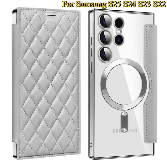 Magnetic Suction Flip Leather Case For Samsung S25 S24 S23 S22 for Magsafe Case High Leather Equipped With Lens Film Case