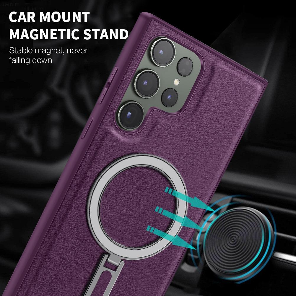 Luxury Full Leather Glossy Kickstand Phone Case For Magsafe For Samsung S25Ultra S25+ S25 S24FE S24 Ultra S23 S22 Ultra Plus Metal Ring Magnetic Metal Holder Shockproof Stand Back Cover