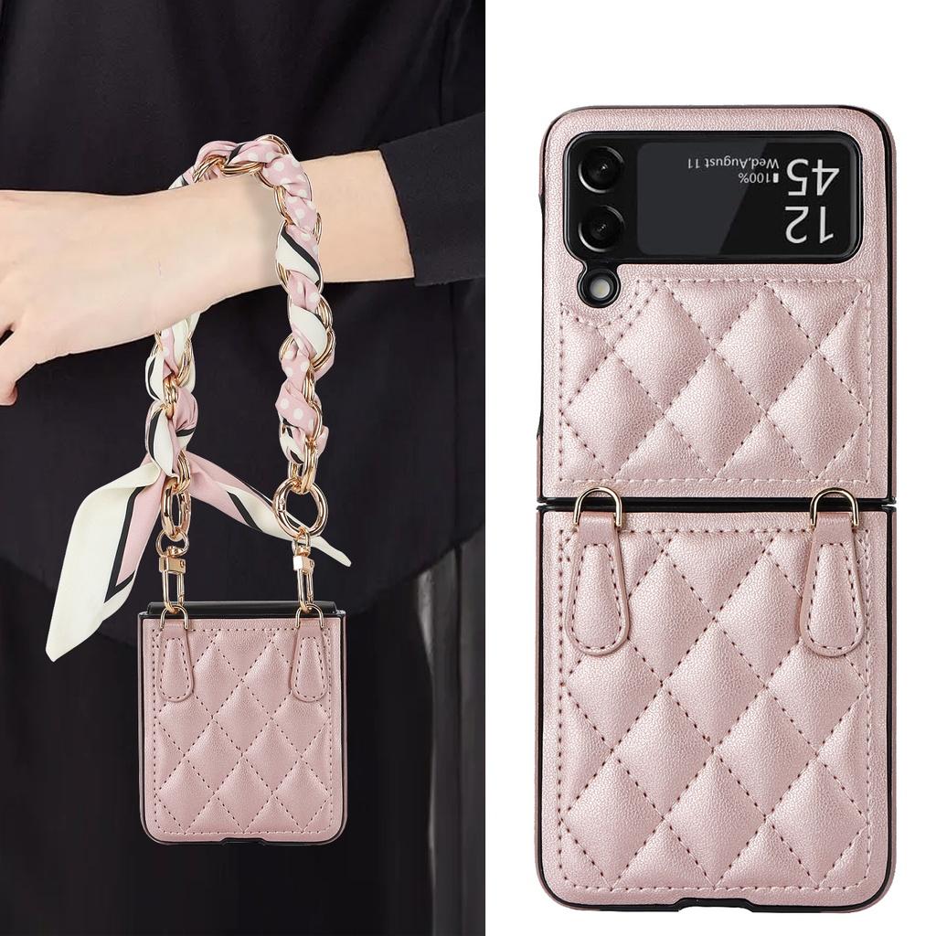 Luxury Silk Scarf Chian Leather Case For Samsung Galaxy Z Flip 6 Flip 5 Flip 4 Flip3 5G Luxury Crossbody Strap Smart Phone Cover