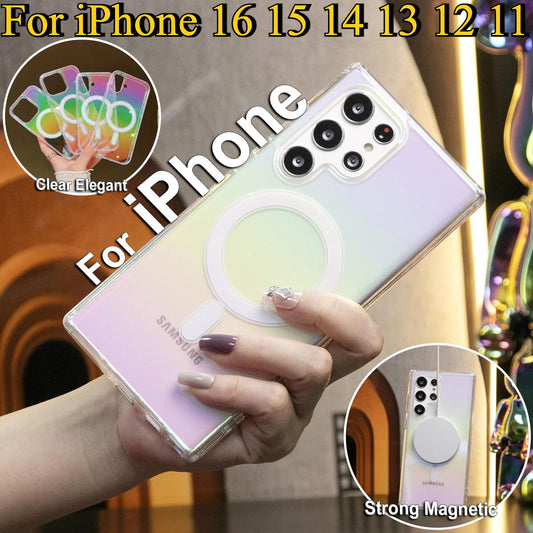 For iPhone 16 15 14 13 12 11 Phone Case, Clear Laser Colorful Magnetic, Glitter Luxury Elegant Case Camera Protection Shockproof Hard Cover