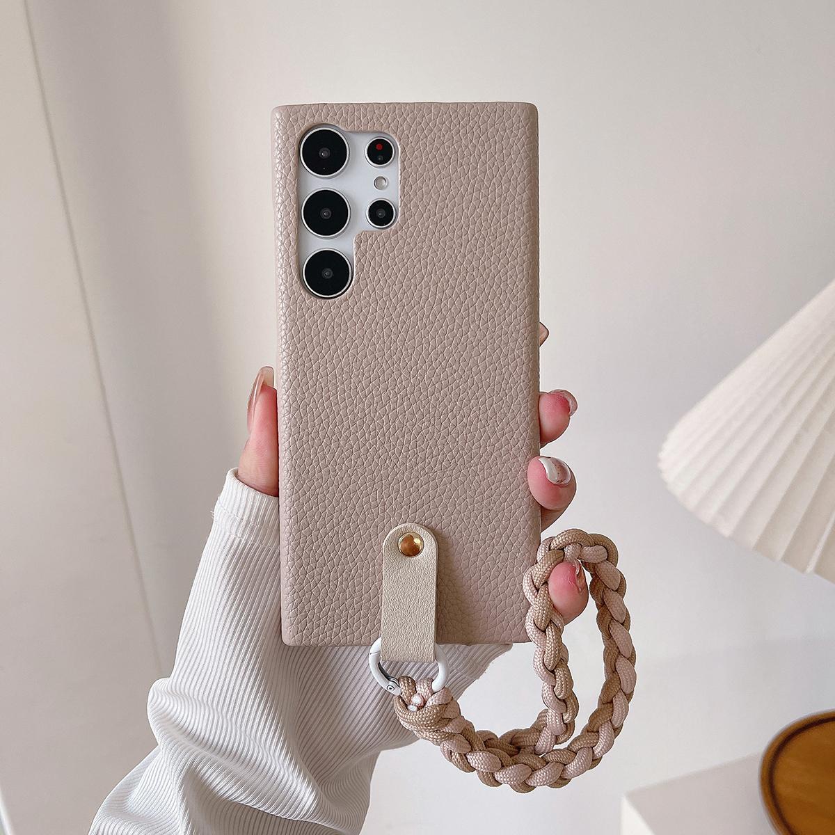 Luxury Wrist Strap Soft Leather Phone Case For Samsung S25 S24 S23 S22 S21 A15 A25 A35 A55 Solid Color Cover