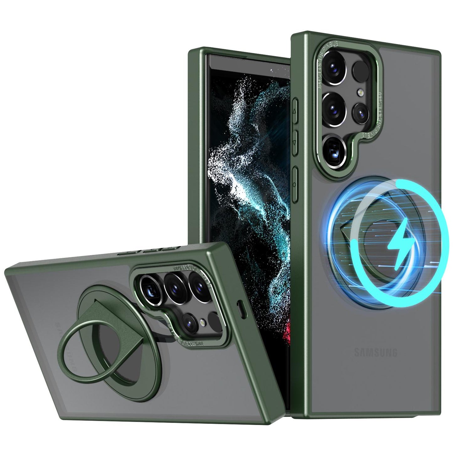Matte Ring KickStand Metal Frame Magnetic Wireless Charging Acrylic Phone Case For Samsung S24Ultra S24 S23Ultra S23FE S23 S22 plus Case Magnetic Shockproof Hard Full Cover