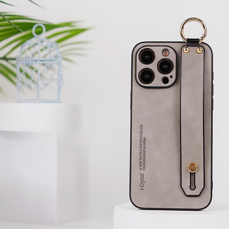 For iPhone 16ProMax 16 15 14 13 12 Case With Wristband, Matte Durable Faux Leather Kickstand Shockproof Phone Case