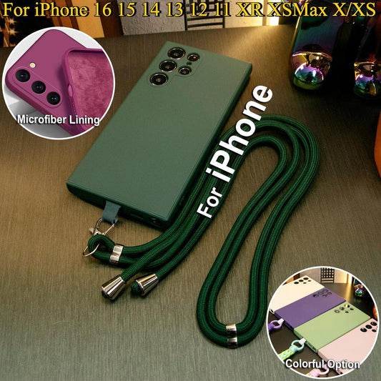 Silicone Matte Phone Case With Long Lanyard Accessories For iPhone 16 15 14 13 12 11 XR XSMax X/XS Camera Protect Soft Cover