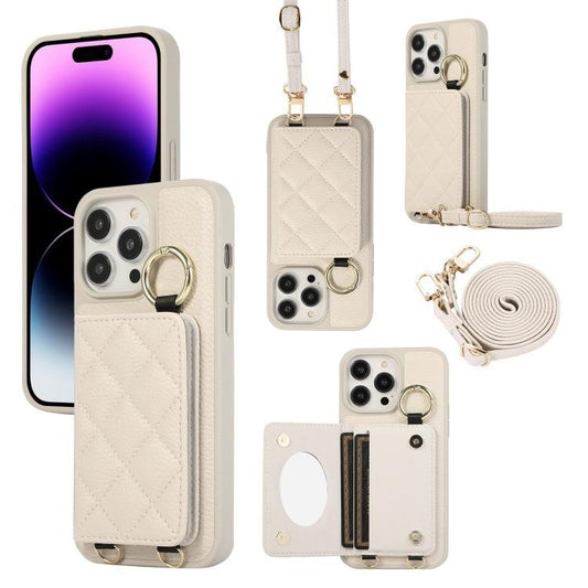 For iPhone 16ProMax 16 15 14 13 12 11 Leather Phone Case with Double Folding Wallet Lanyard, Anti-Fall Card Slot Mirror Ring Kickstand Shockproof Business Hard Full Cover