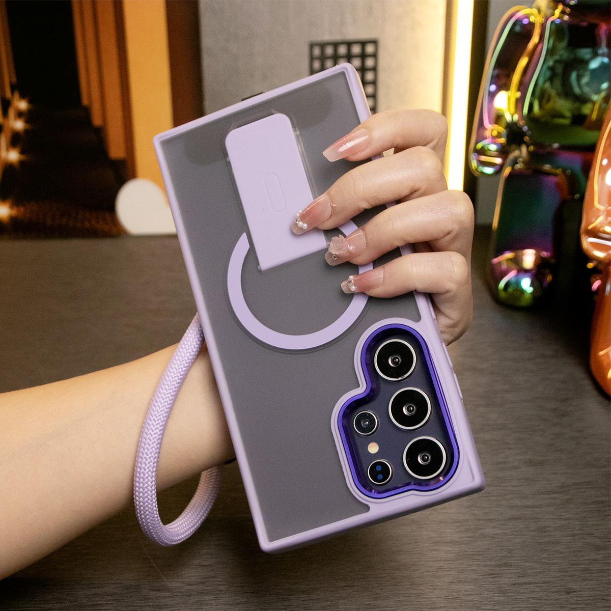 Matte Clear Portable Kickstand Magnetic Phone Case With Multifunctional Wristband For Samsung S25Ultra S25Plus S24FE S24Ultra S25 S24 S23 Skin Feel Shockproof Camera Metal Frame