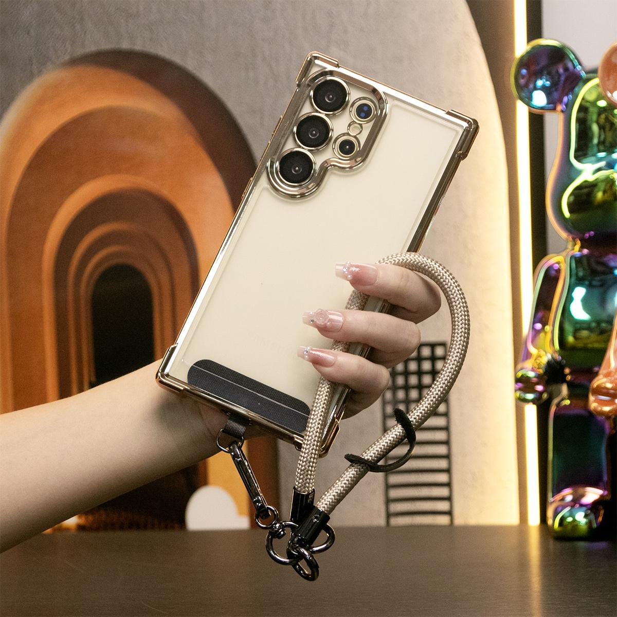 Electroplated Four Corners Anti-fall Transparent Hard PC Phone Case With Multifunctional Wristband For Samsung S25Ultra S25 S24FE S24Ultra S24 S22 S21 Note20, Full Cover with Camera Protector