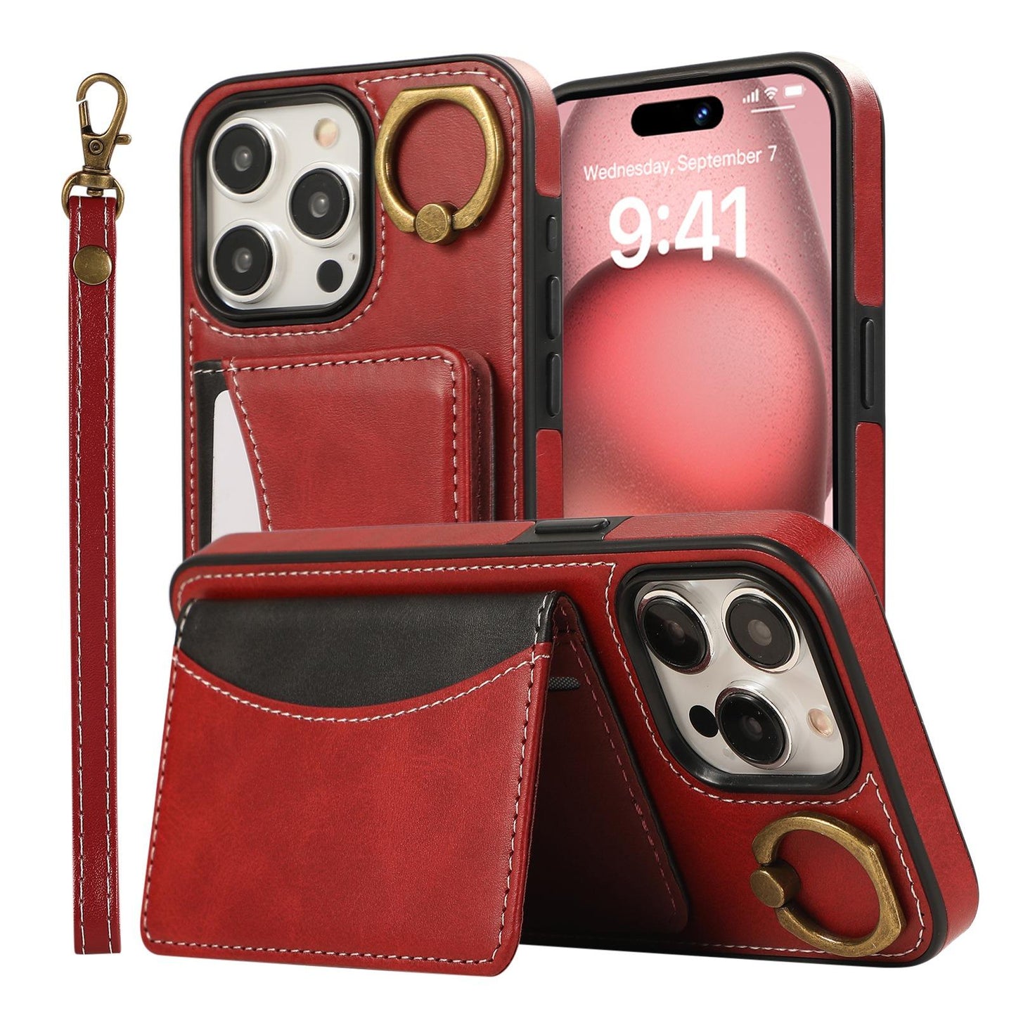 For iPhone 16ProMax 16 15 14 13 12 Leather Phone Case with Double Folding Wallet Wristband, Anti-Fall Card Slot Kickstand Shockproof Business Hard Full Cover
