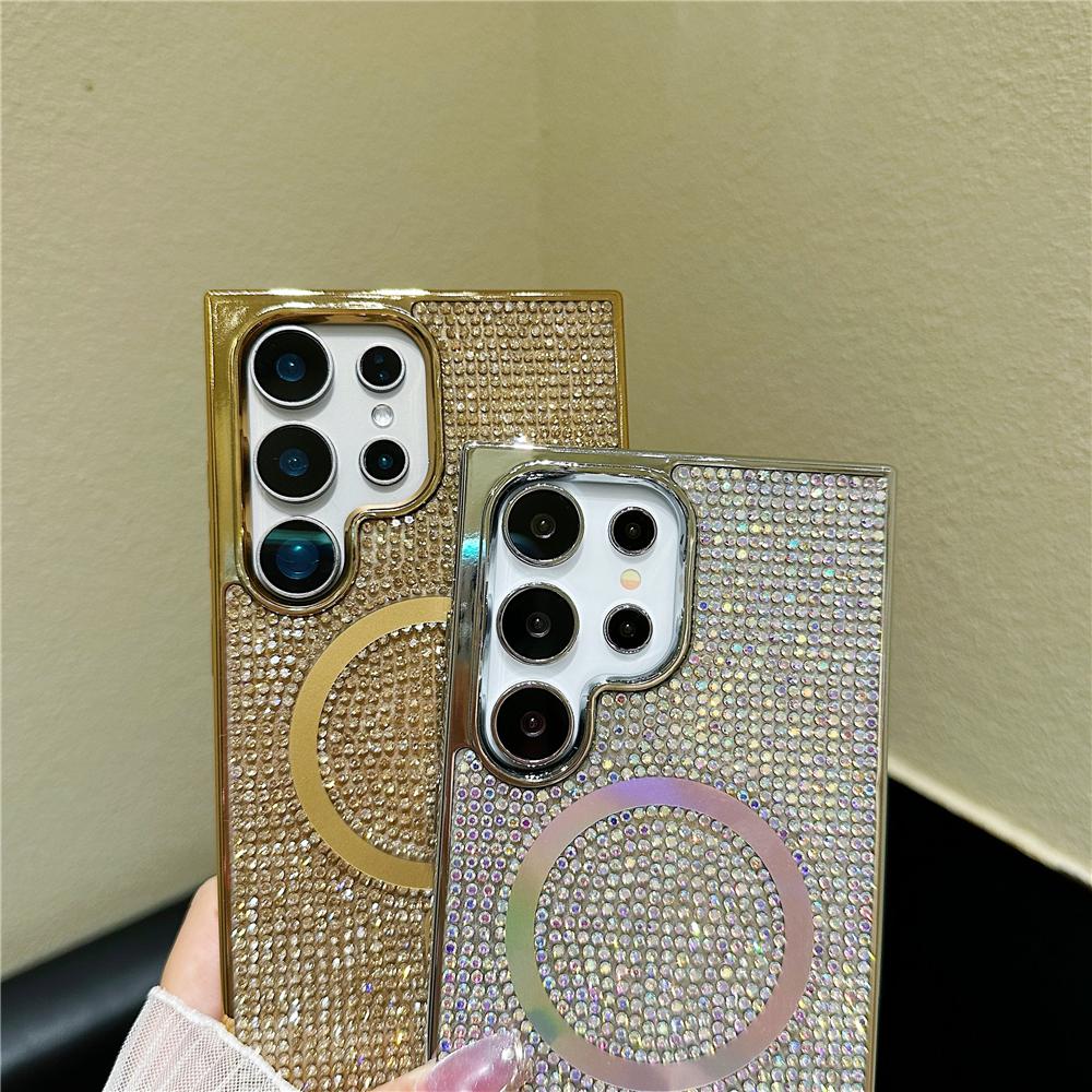Luxury Glitter Rhinestone Plating Diamonds Magnetic Wireless Charging Phone Case For Samsung S25 S24 S23 Shockproof Protection Soft Bumper Cover