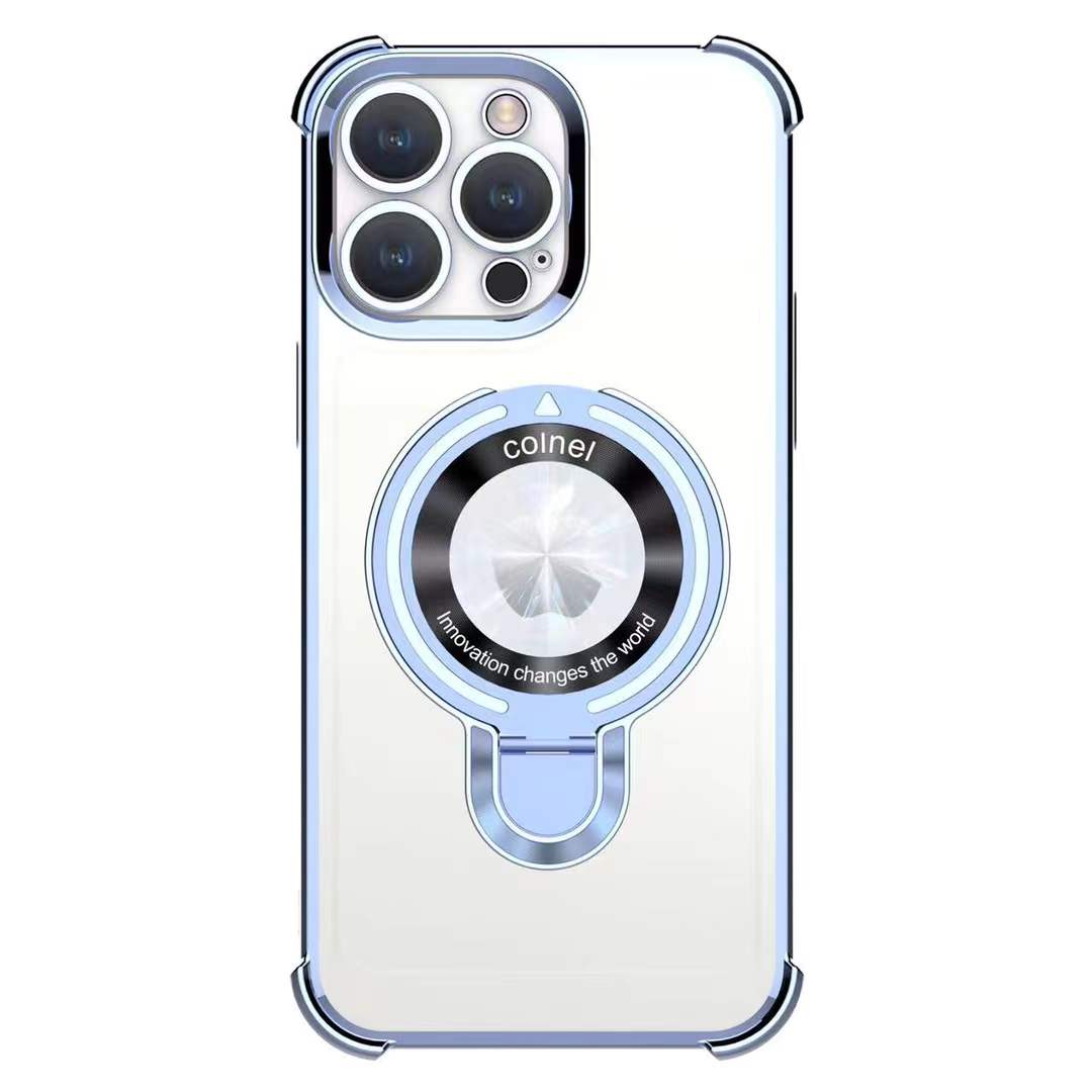 Luxury Plating Four Corners Shockproof Clear Case With Magnetic Stand For iPhone 16 15 14 13 Transparent Hard Acrylic Hybrid Bumper Hard Full Cover