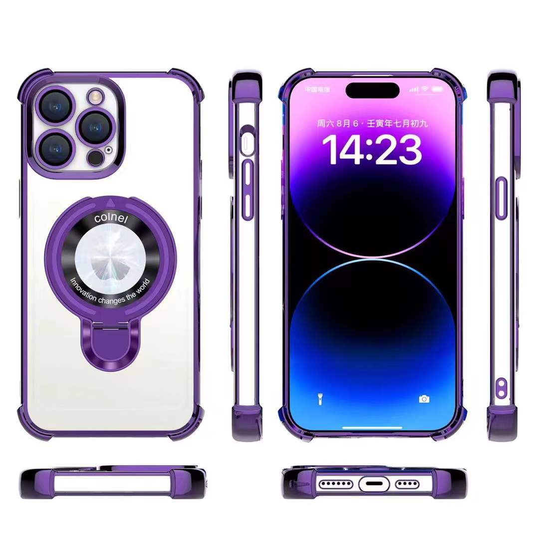 Luxury Plating Four Corners Shockproof Clear Case With Magnetic Stand For iPhone 16 15 14 13 Transparent Hard Acrylic Hybrid Bumper Hard Full Cover