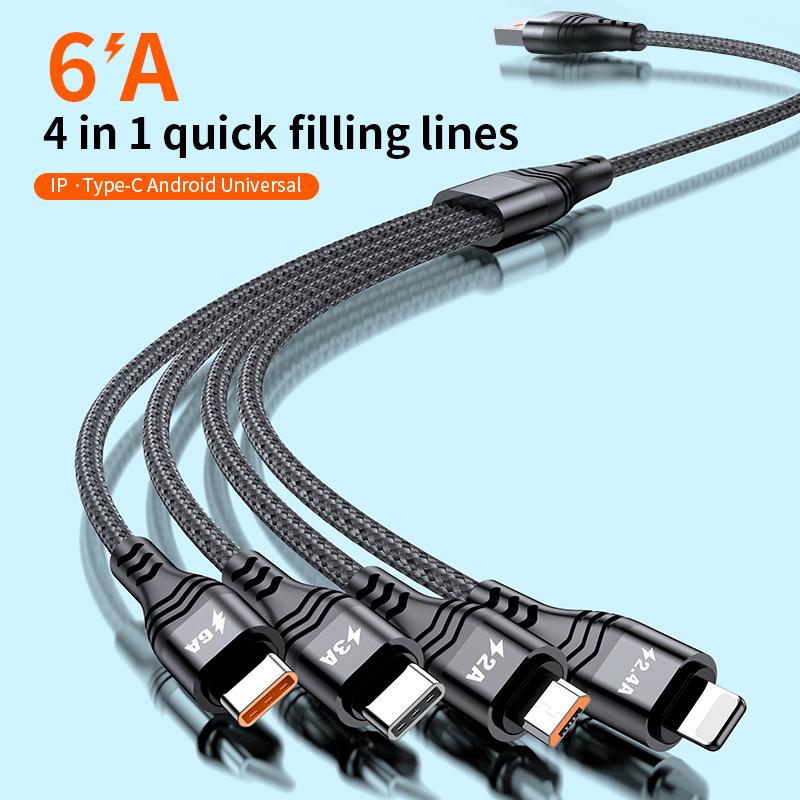 1.2m/2m 6A 4in1 One Drag Four Fast Filling Line Cable Aluminum Alloy + Two-color Braided Thread Fast Charging IP Type-C Android Universal