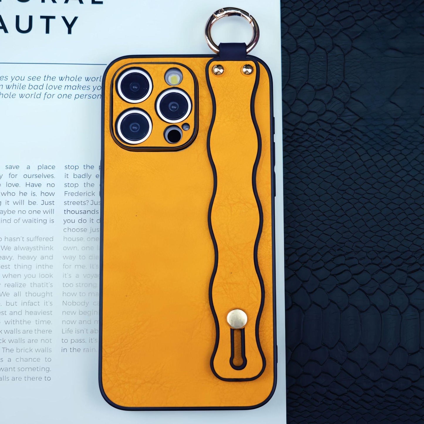 For iPhone 16ProMax 16 15 14 13 12 Case With Wave Wristband, Luxury Durable Faux Leather Kickstand Shockproof Phone Case