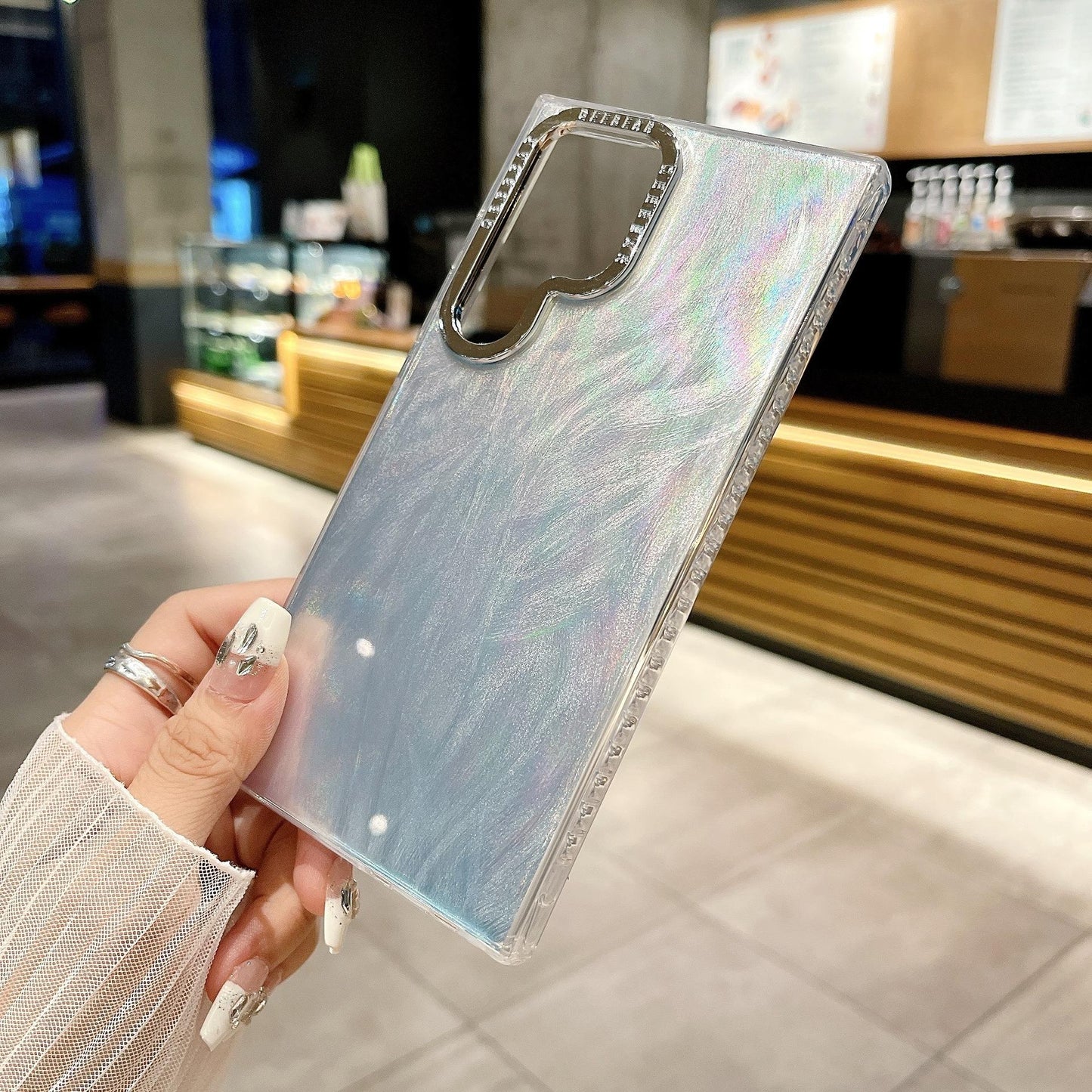 For Samsung S25Ultra S25 S24 S23 S22 Phone Case, Luxury Electroplating Laser Feathers Silk Pattern Acrylic Slim, Full Camera Protection Non-Yellowing Hard Cover