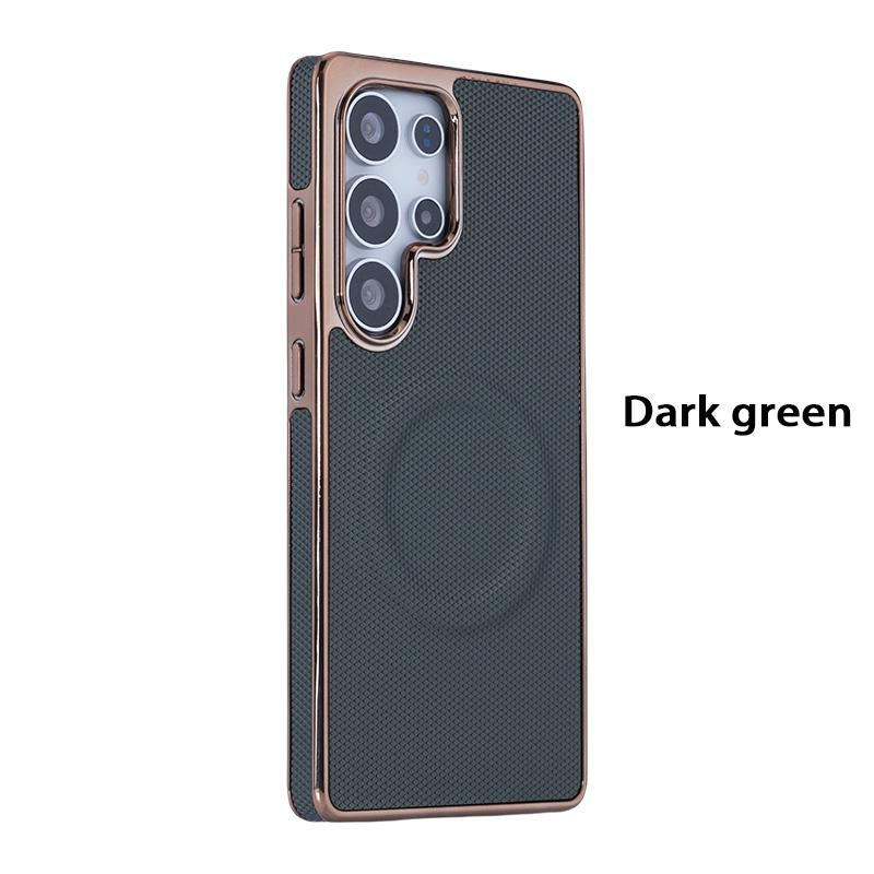 For Samsung S25Ultra S24 S23 S22 Plus FE Phone Case, Plating Antislip Matte Luxury Leather Emboss Strong Magnetic Slim Protection Shockproof Hard Full Cover