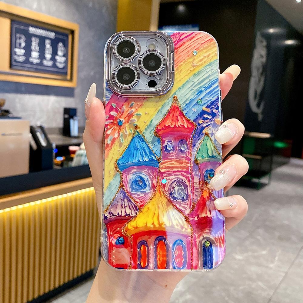 For iPhone 16ProMax 16 15 14 13 12 11 Phone Case with Diamond Camera Kickstand, Rich Girl Women Leopard Print Rainbow Castle, Oil Painting Camera Frame Anti-drop Hard Shockproof Full Cover
