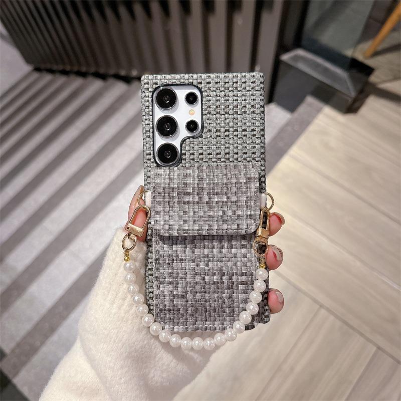 For Samsung S25Ultra S24 S23 S22 Case With Pearl Wristband, Gradient Woven Pattern Fabrics Wallet Shockproof Card Slot Hard Full Cover