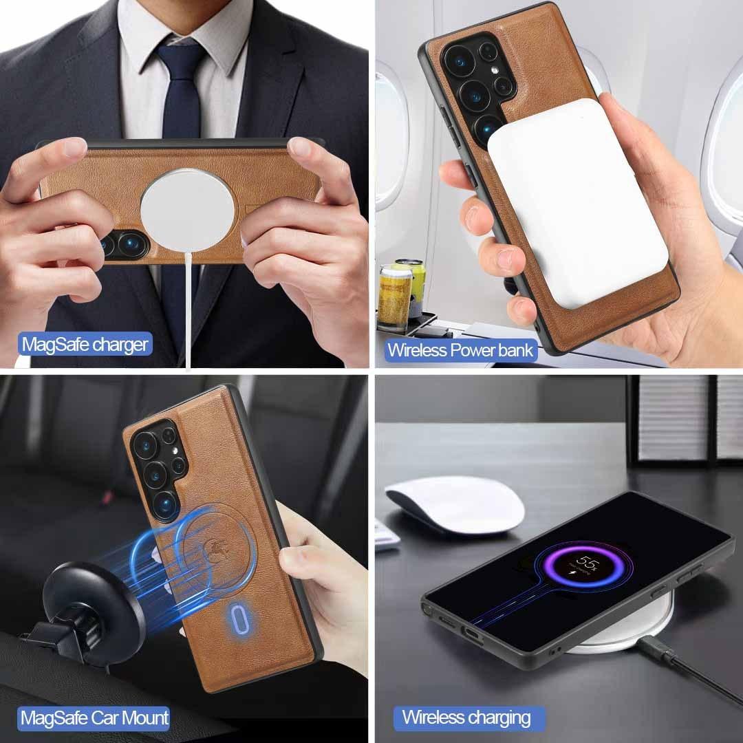 For Samsung S25 S24 S23 A16 A15 A36 A35 A56 A55 A53 Leather Phone Case with Strong Magnetic Wallet, Anti-Fall Card Bag Kickstand for Magsafe Shockproof Business Hard Full Cover