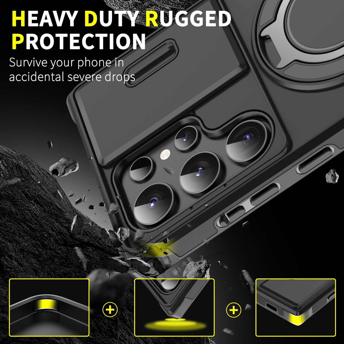 Heavy Duty Rugged Hybrid Armor 2 in 1 Slide Camera Lens Protective Phone Case for Samsung Galaxy S24 S25 Ultra A26 A36 A56