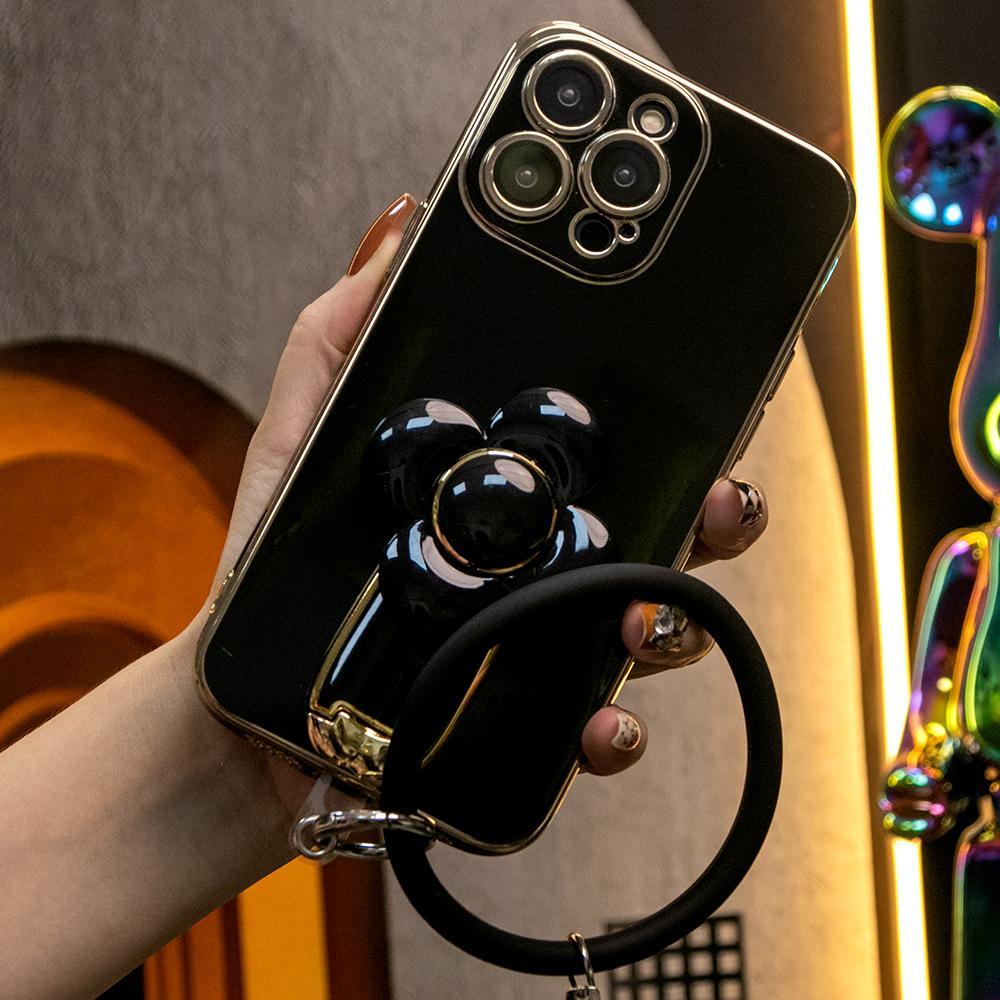 For iPhone 16 15 14 13 12 Pro Max Phone Case, Windmill Kickstand with Bracelet, Plating Electroplate Luxury Elegant Case Camera Protector Pop Stand Shockproof Soft Cover