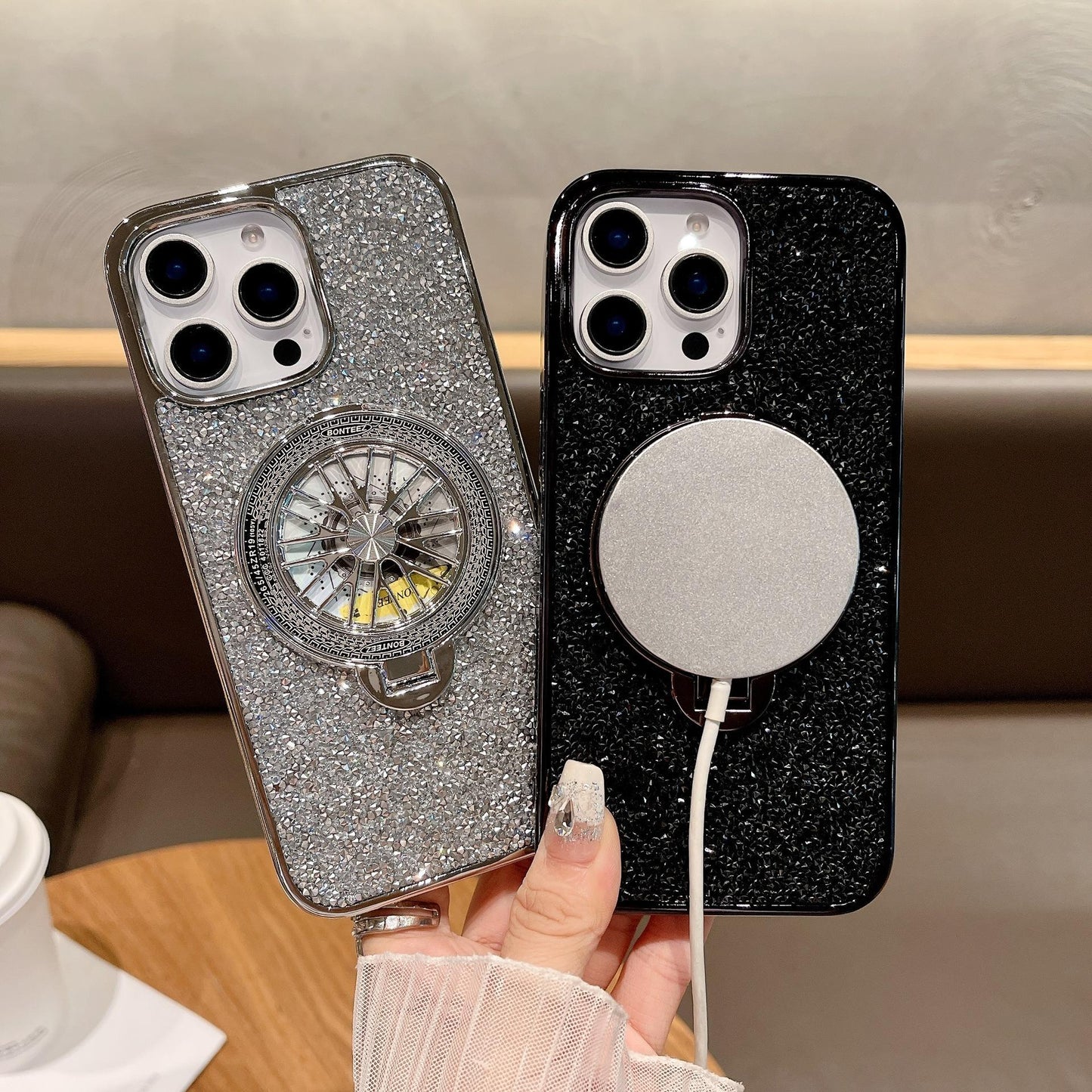 Luxury Rhinestone Glitter Plating Slim PC Phone Case with Gyro Kickstand For iPhone 16ProMax 15 14 13 Hard Full Cover