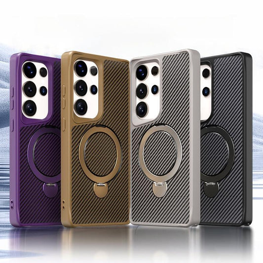 Carbon Fiber Pattern Slim PC Strong Magnetic Phone Case with 360 Rotating Metal Kickstand For Samsung S25Ultra S25Plus S25 S24 S23 A16 A26 A36 A56 Skin Feel Bumper Shockproof Hard Full Cover