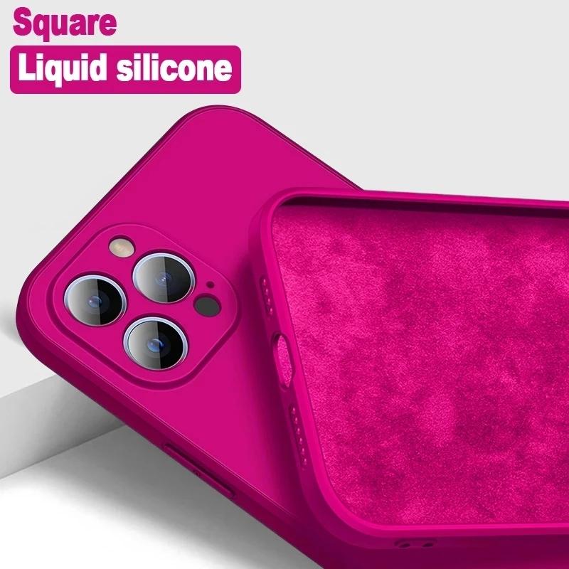 Slim Thin Luxury Square Liquid Soft Silicone Case For iPhone 16 15 14 Pro Max Protective Shockproof Back Cover with Microfiber Lining