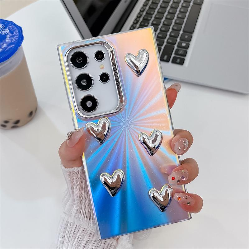 For Samsung S25 S24 S23 S22 A15 A25 A35 A54 A55 Phone Case, Electroplating Laser Love Heart Pattern Acrylic Slim, Camera Protection Non-Yellowing Hard Cover